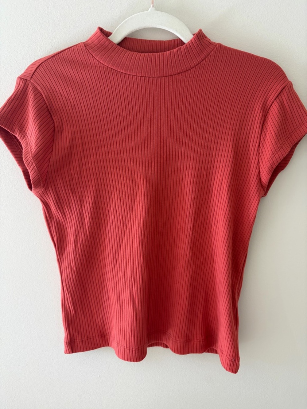 Ribbed Mock Neck Tee - Rust Red
